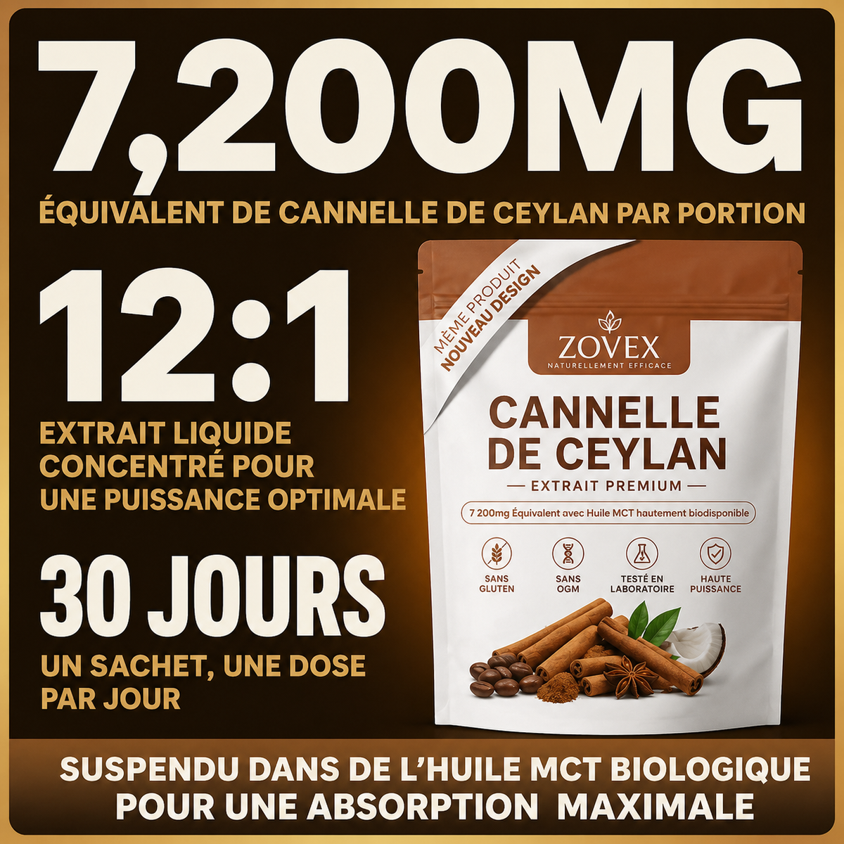 Cannelle de Ceylan 7200 mg équivalent avec huile MCT