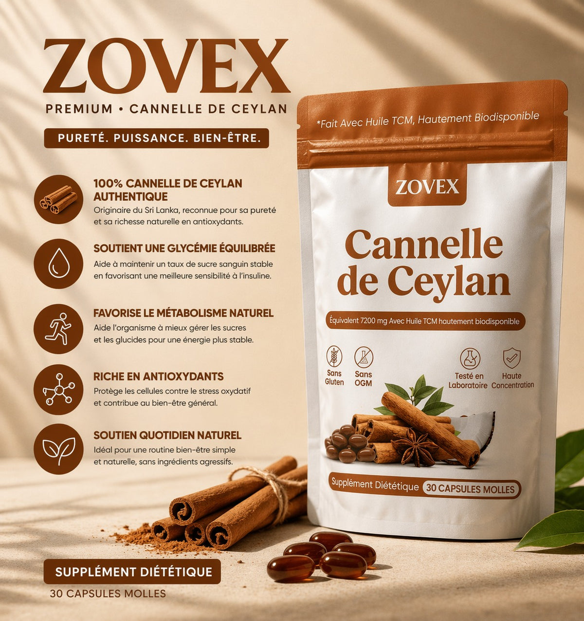 Cannelle de Ceylan 7200 mg équivalent avec huile MCT