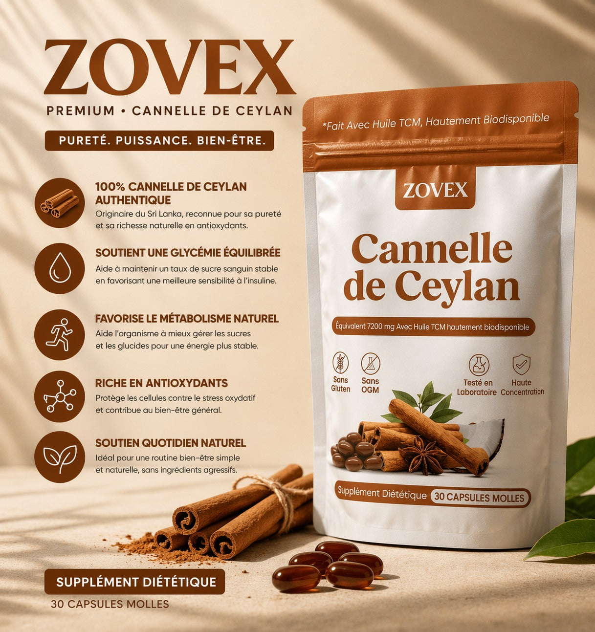 Cannelle de Ceylan 7200 mg équivalent avec huile MCT
